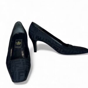Vintage Fendi *Authentic* Black Zucca Monogram Square Toe Pumps/Heels Size 7